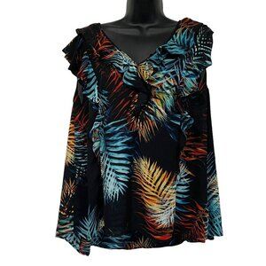 Worthington Tank Top Tunic Blouse Black Teal Leaves Size 1X